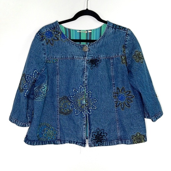 NOTATIONS Floral Embroidered 3/4 Sleeve One Button Denim Swing jacket - Picture 1 of 14
